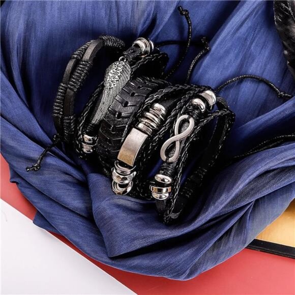 Mens womens braided leather bracelet set adjustable woven cuff wristband - Picture 7 of 8